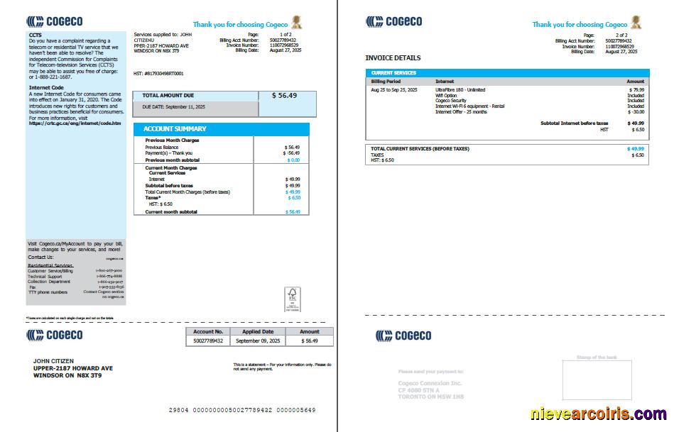 Canada Cogeco utility bill, 2 pages